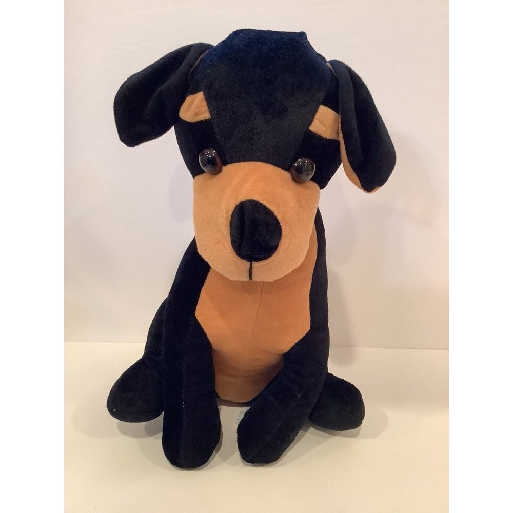 BJ Toy Co Plush Black and Brown Dog Red Collar Stuffed Animal Soft Toy